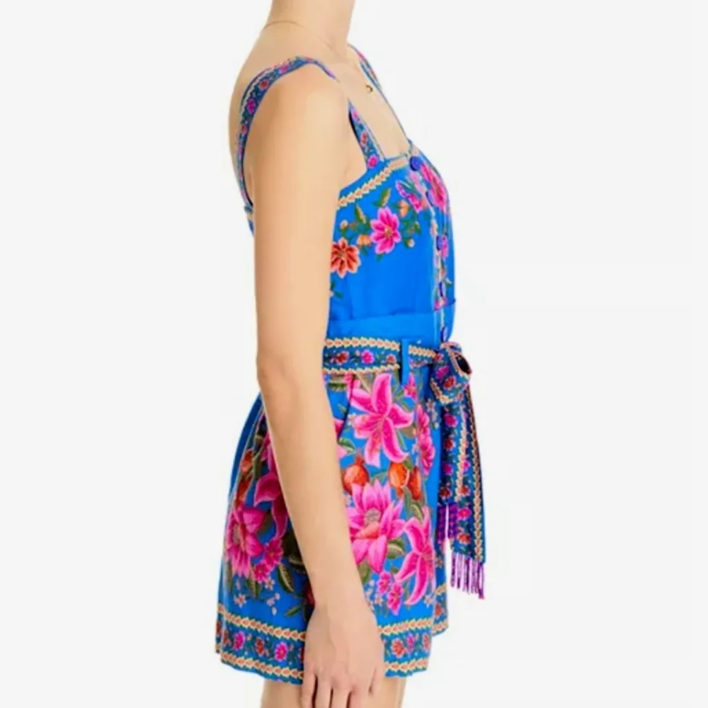 FARM RIO Blue Summer Fruit Scarf Romper
 FloraL Square Neck Wide Straps Beading - Picture 7 of 16